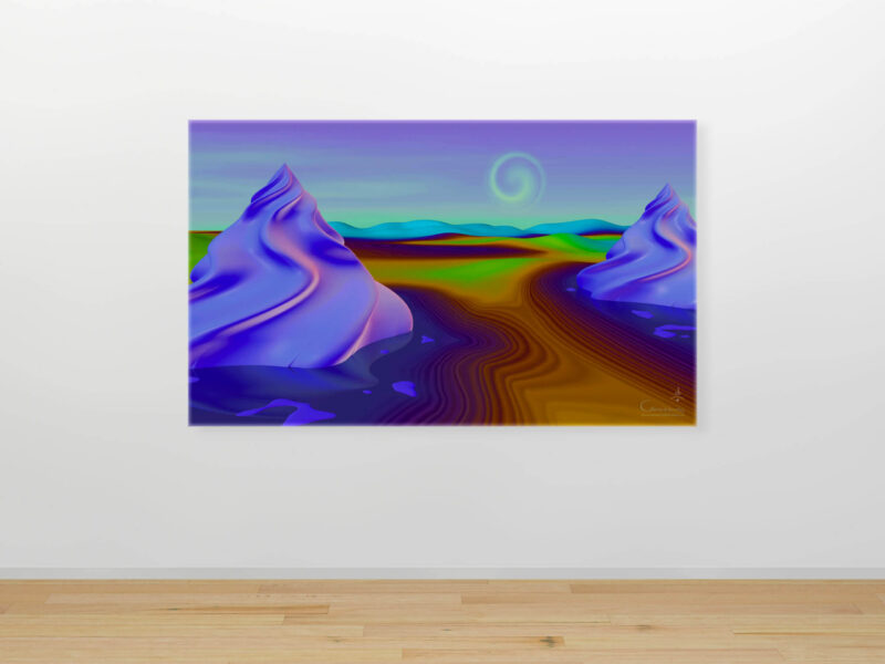 Fantasia whimsical wall art showing vibrant candy-coated composition with blue ice cream, rainbow ground and sun-like twirling lollipop shapes in joyful saturated colors