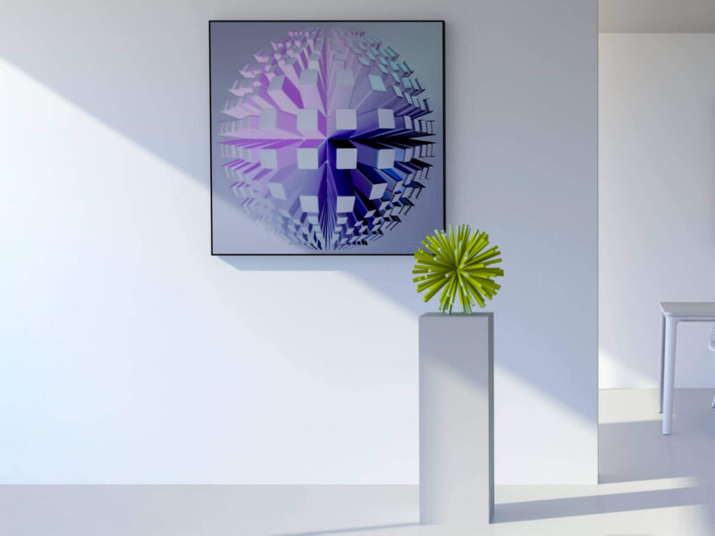 geometric wall art, purple pink gradient artwork, abstract square sphere, lilac spherical design, chromatic geometric print, modern soft gradient art, 3D rendered geometric piece