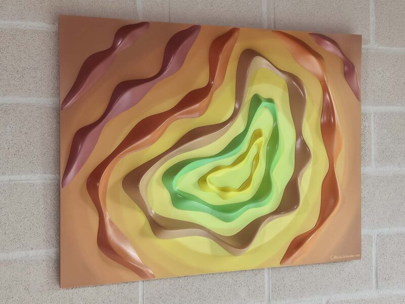 Dune Curves 2 sculptural wall relief featuring sinuous concentric curves in subtle earth tone gradients, evoking desert swells and tactile depth for modern interiors