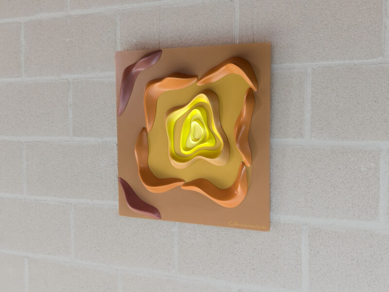 Dune Curves 3 unique wall sculpture: sinuous undulating lines with warm concentric earth-tone gradients evoking desert dunes and fluid movement